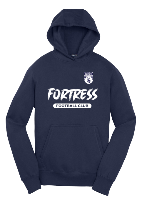 Navy hoodie with 'Fortress Football Club' text on a white background