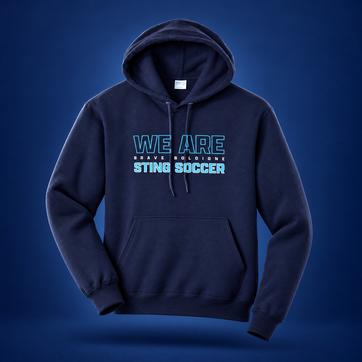 Dark navy Sting Soccer 2026 adult training hoodie with We Are Sting Soccer graphic, front view