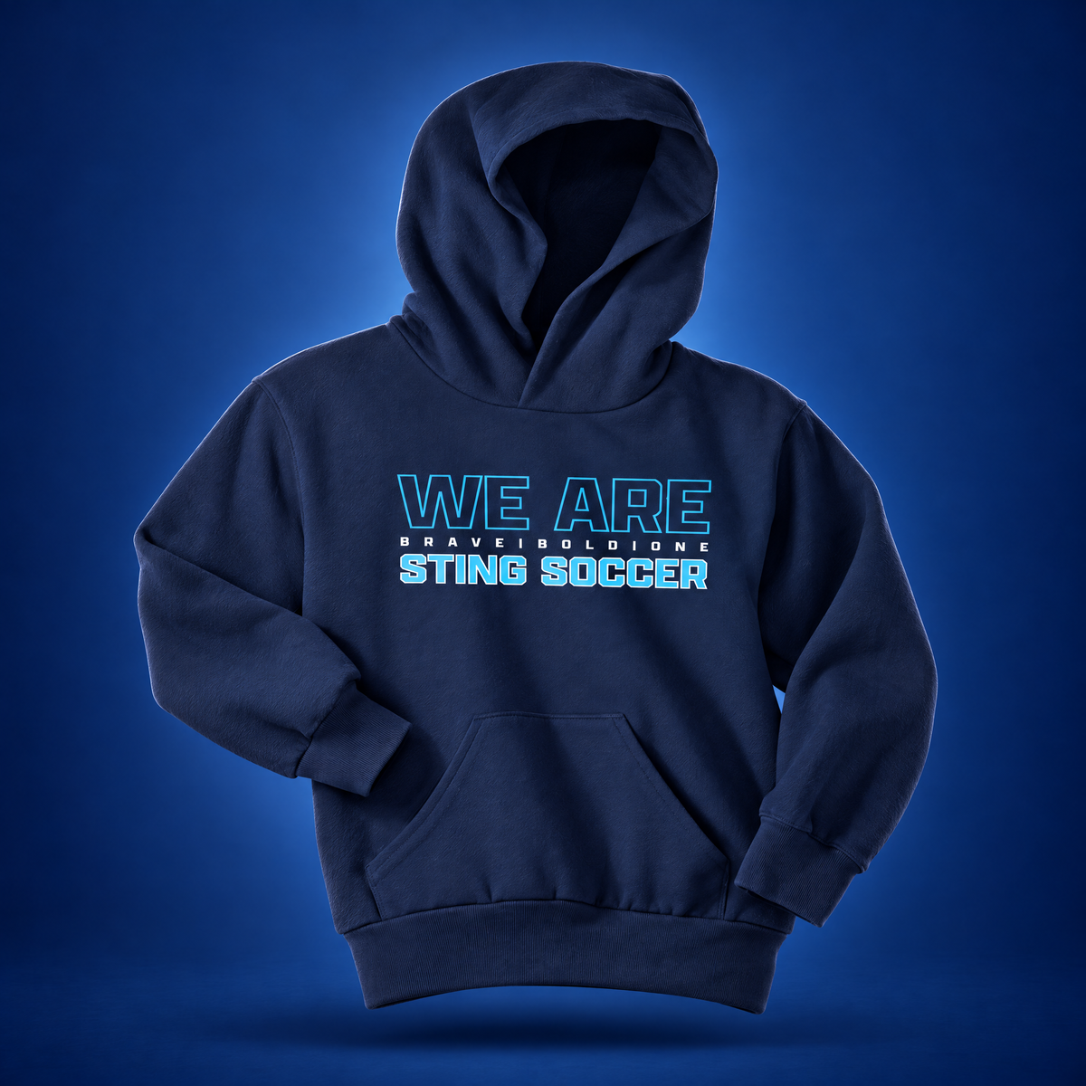 Dark navy Sting Soccer 2026 youth training hoodie with We Are Sting Soccer graphic, front view