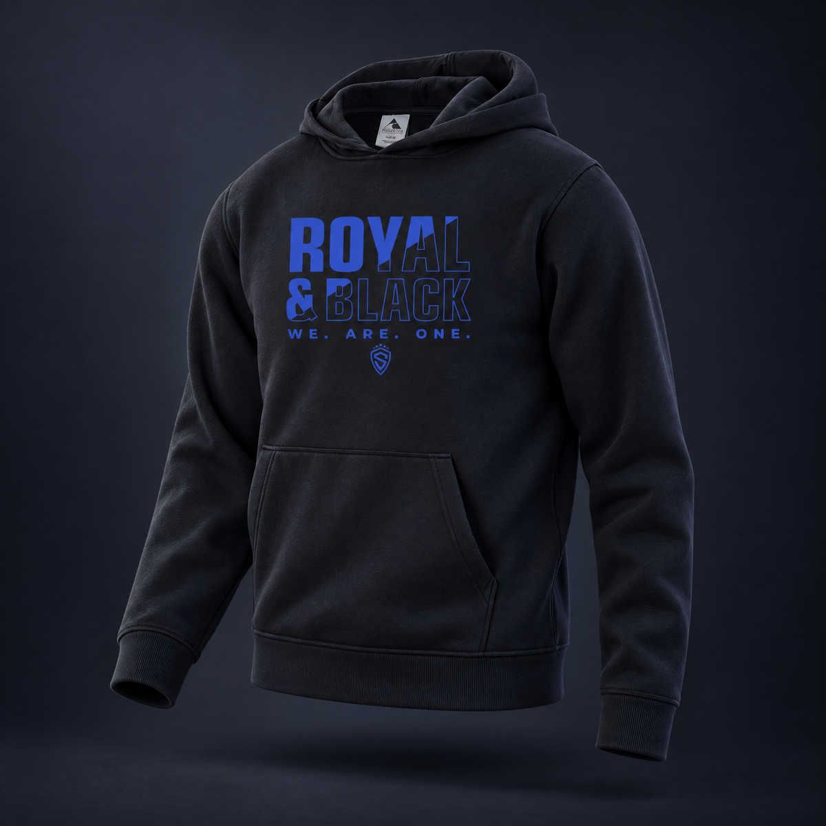 Black Sting Royal & Black hoodie with club graphic, front view