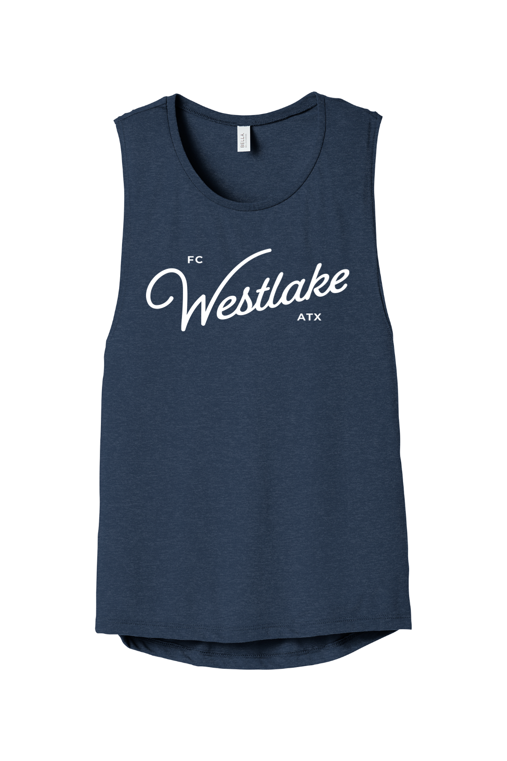 Navy tank top with 'FC Westlake ATX' text on a white background