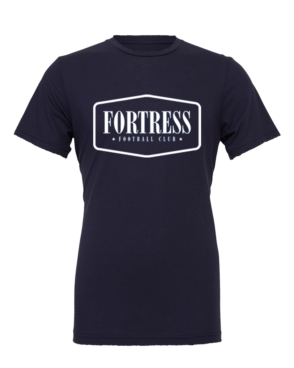Navy blue t-shirt with 'Fortress Football Club' logo on a white background