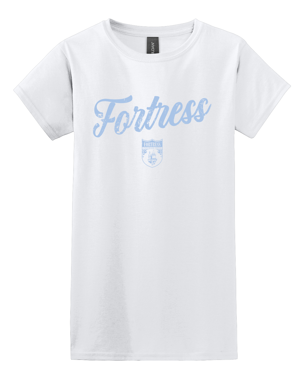 White t-shirt with 'Fortress' printed in blue on a white background