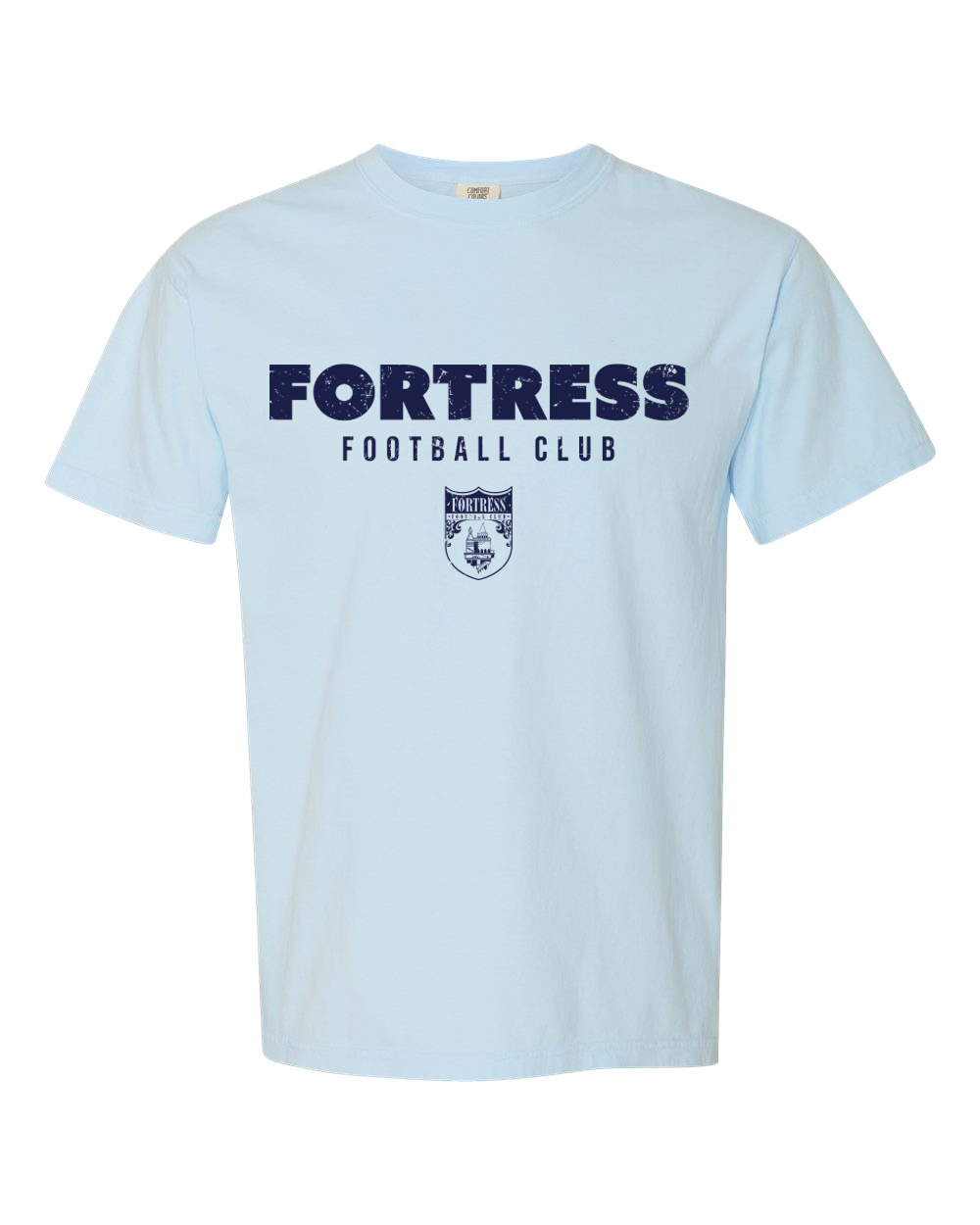 Light blue t-shirt with 'Fortress Football Club' text and logo on a white background