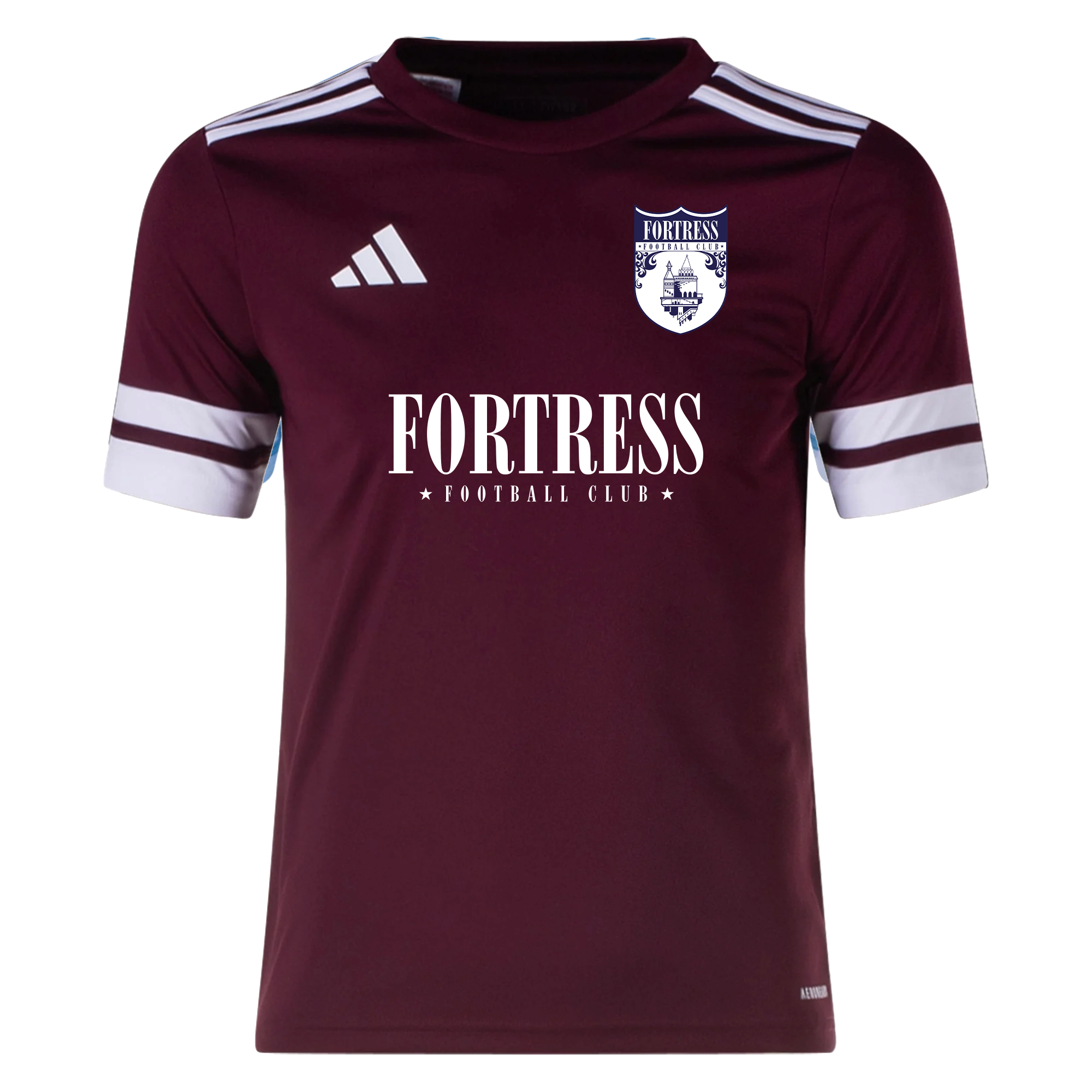 Maroon sports jersey with white accents and 'Fortress Football Club' branding on a white background