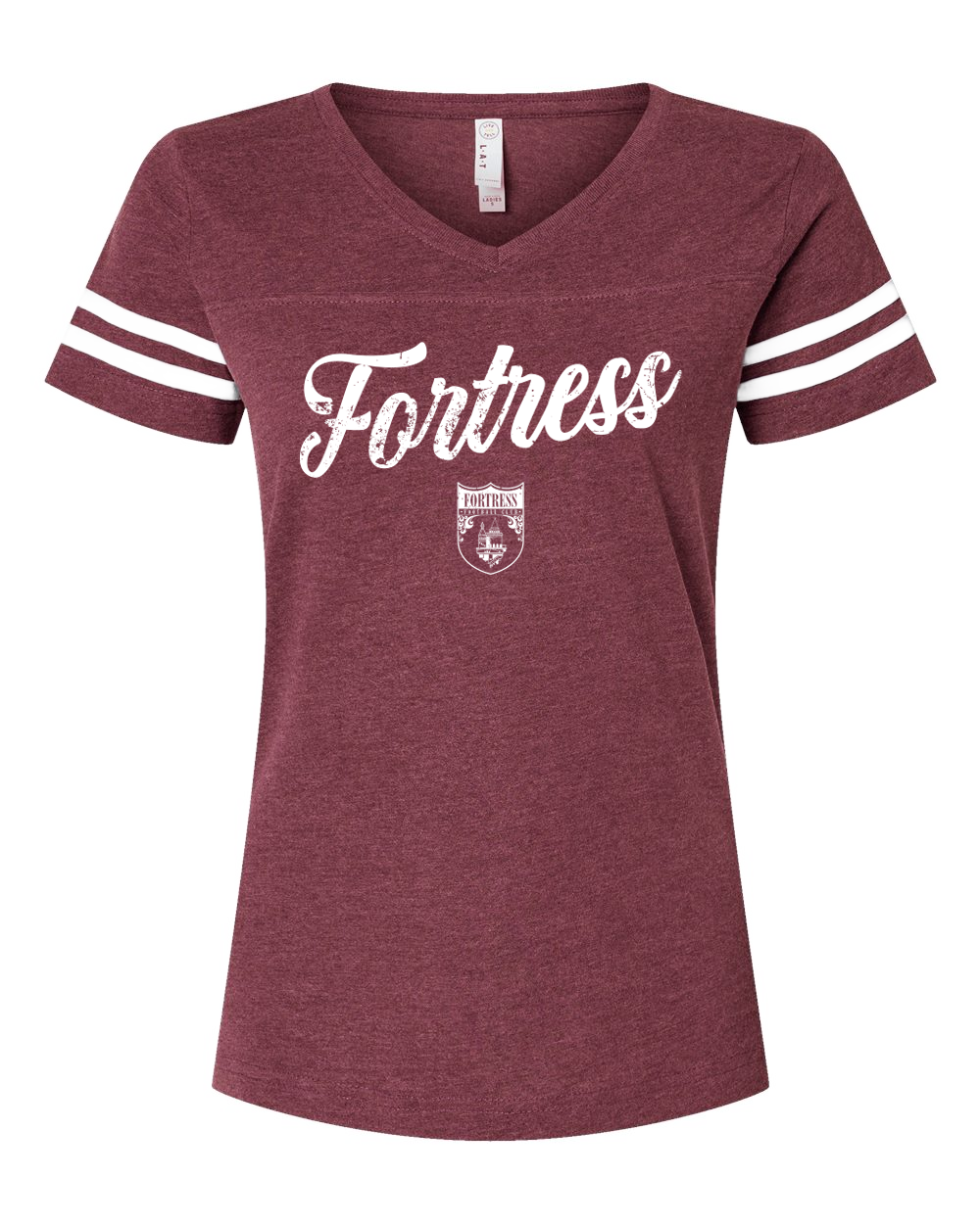 Maroon t-shirt with 'Fortress' text and logo on a white background