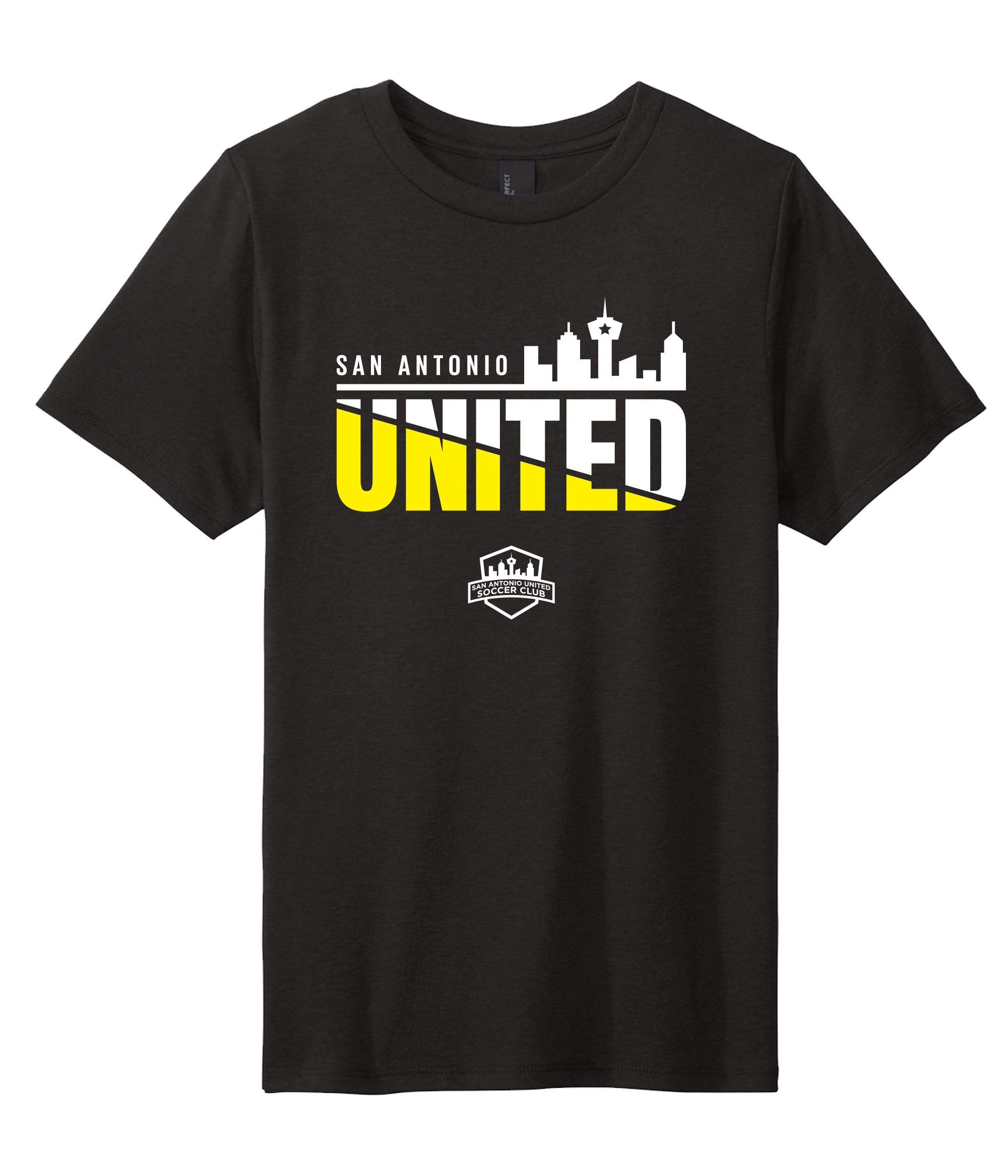 Black t-shirt with 'San Antonio United' text and skyline design on a white background