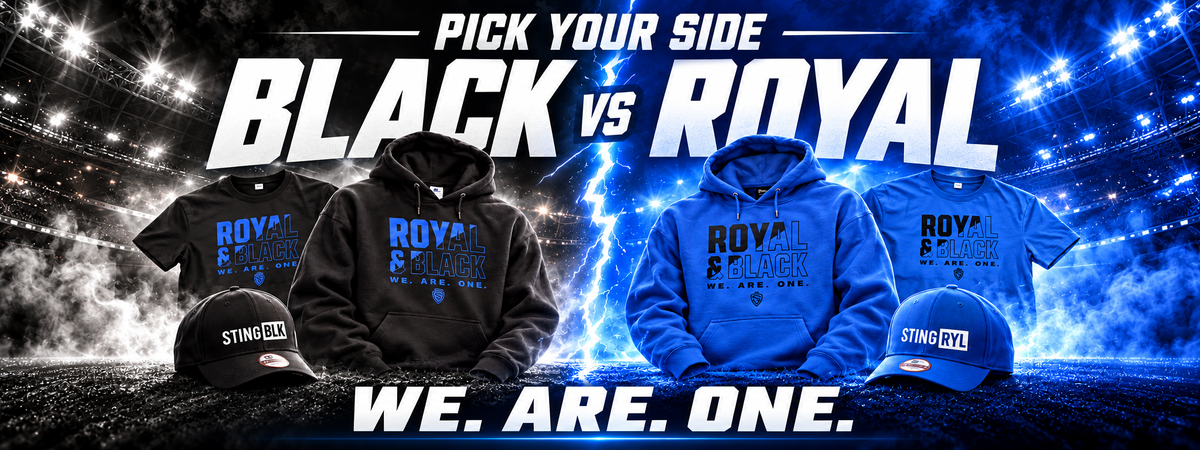Sting Soccer Club Black vs Royal apparel banner with We Are One message