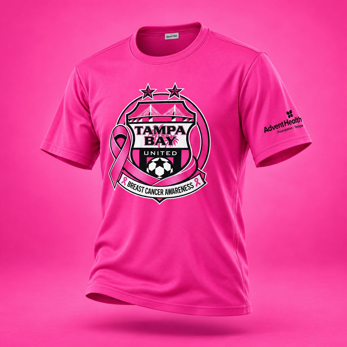 Hot pink TBU x BCA performance T-shirt with breast cancer awareness crest, front view