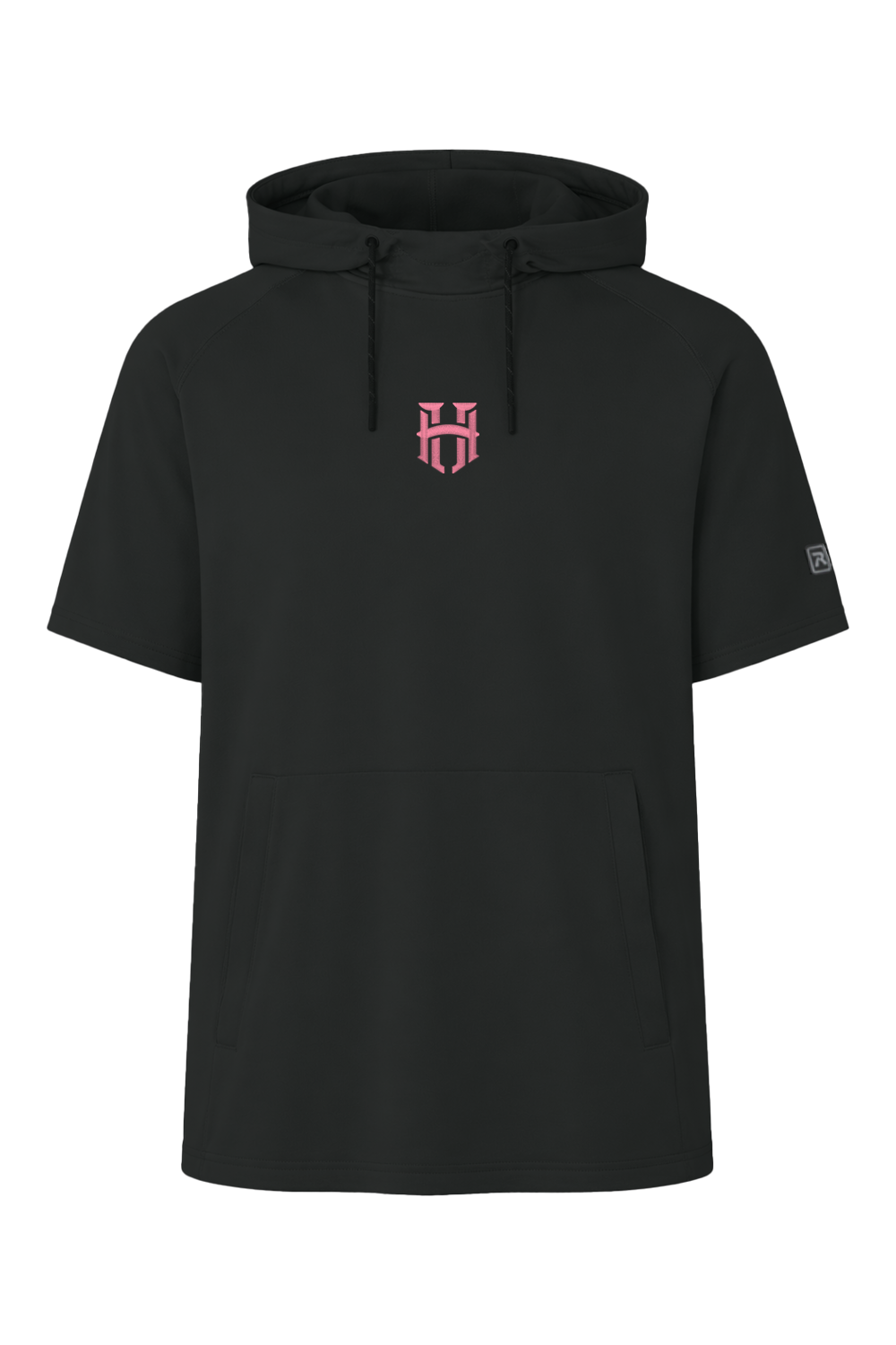 Black hoodie with a red logo on a white background