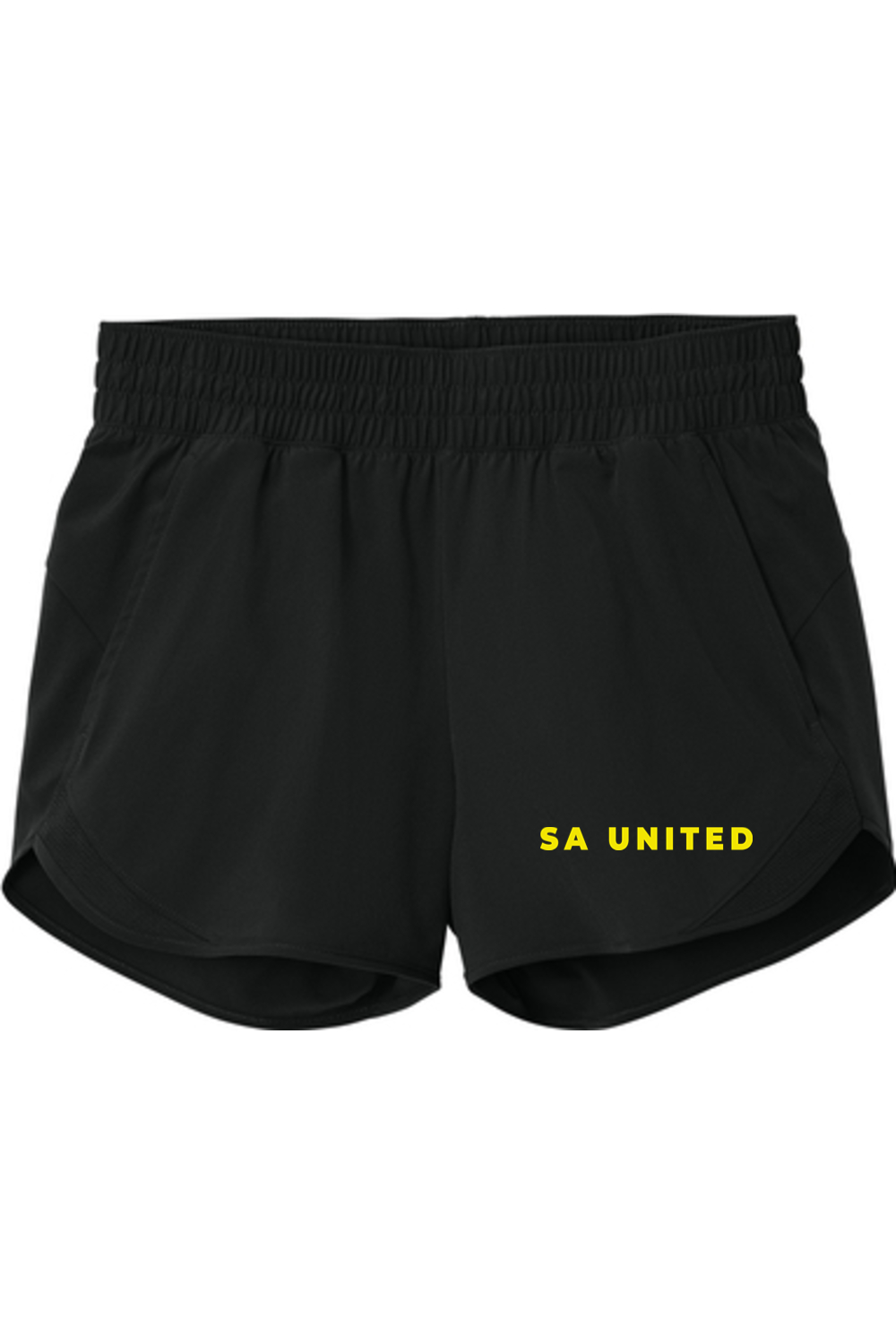 Black shorts with 'SA UNITED' text on a white background