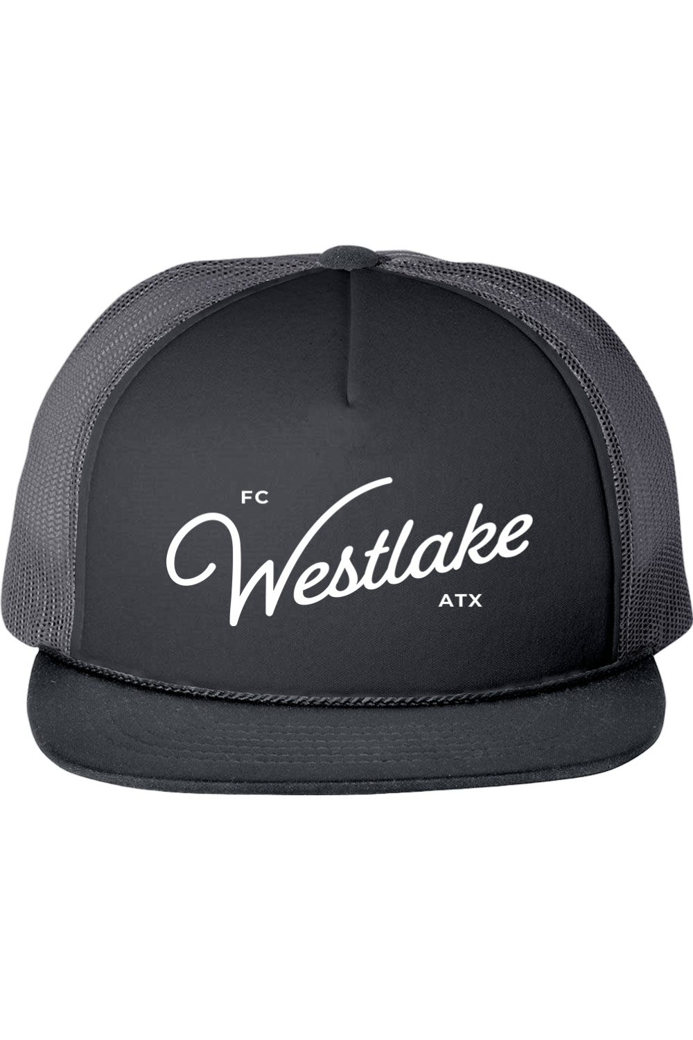 Black trucker cap with 'FC Westlake ATX' text on a white background