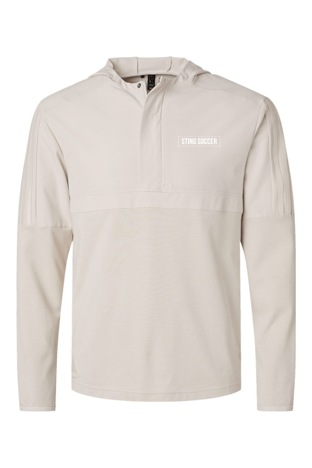 Beige long-sleeve shirt with a brand logo on a white background