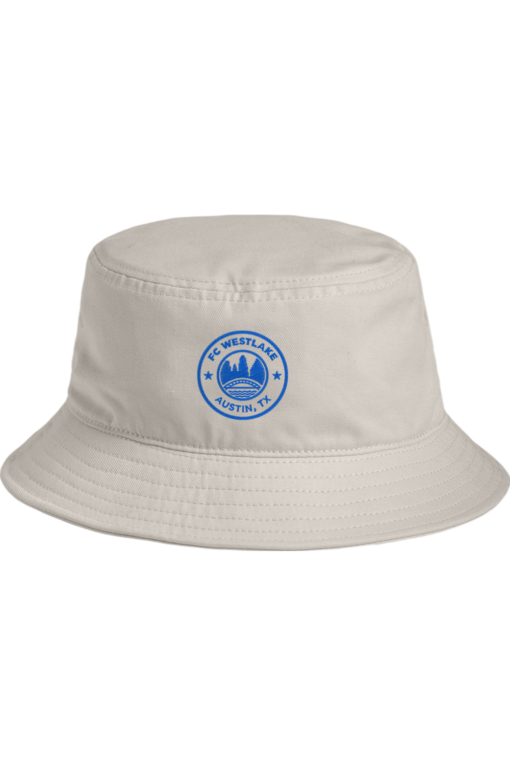 Beige bucket hat with a blue logo on a white background