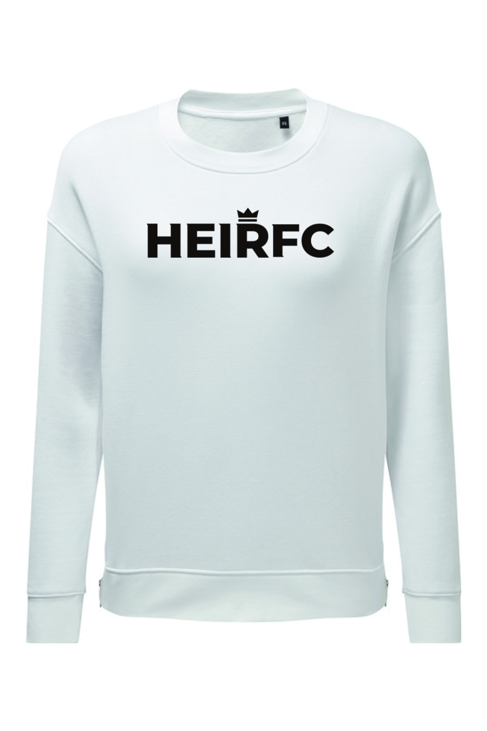 White sweatshirt with 'HEIRFC' text on a white background