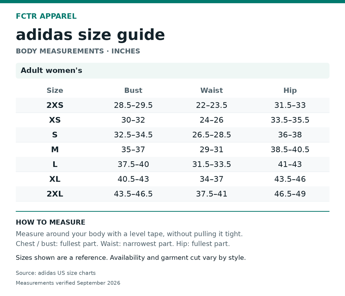 adidas size guide. Body measurements in inches. Adult women's 2XS to 2XL.