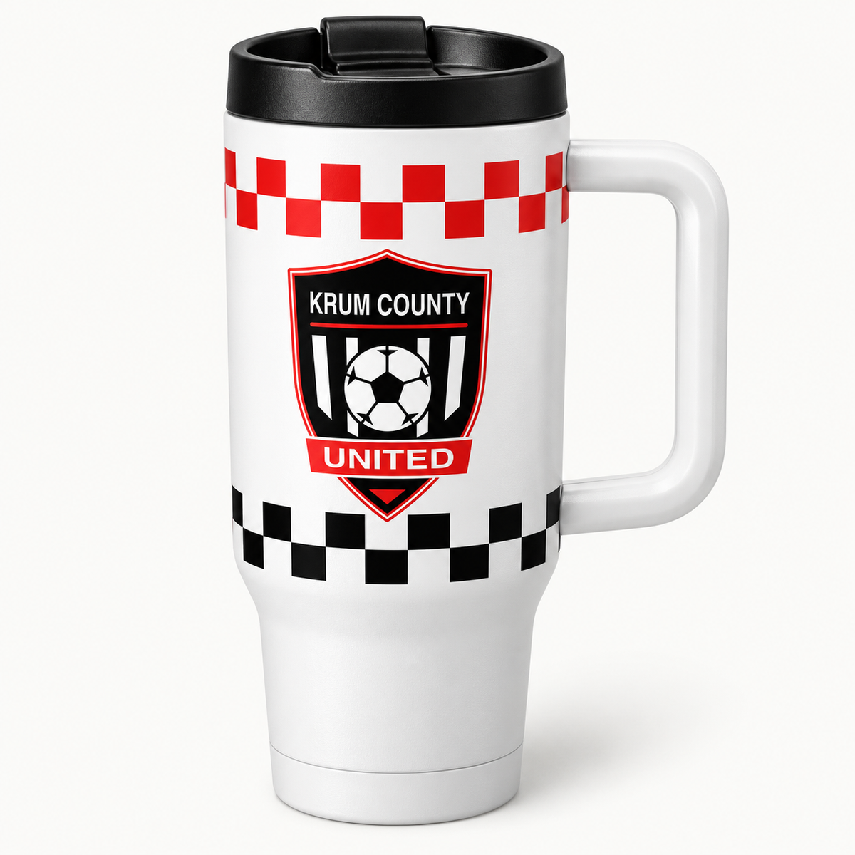 White handled Krum County United travel tumbler with a crest and red and black checker wrap bands.
