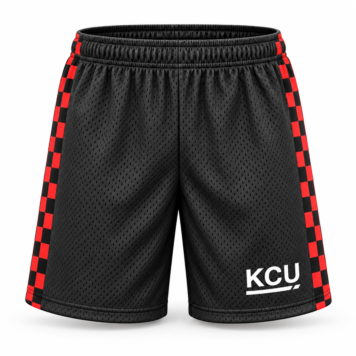 Charcoal youth Krum County United mesh shorts with red checker side panels and a white KCU mark.