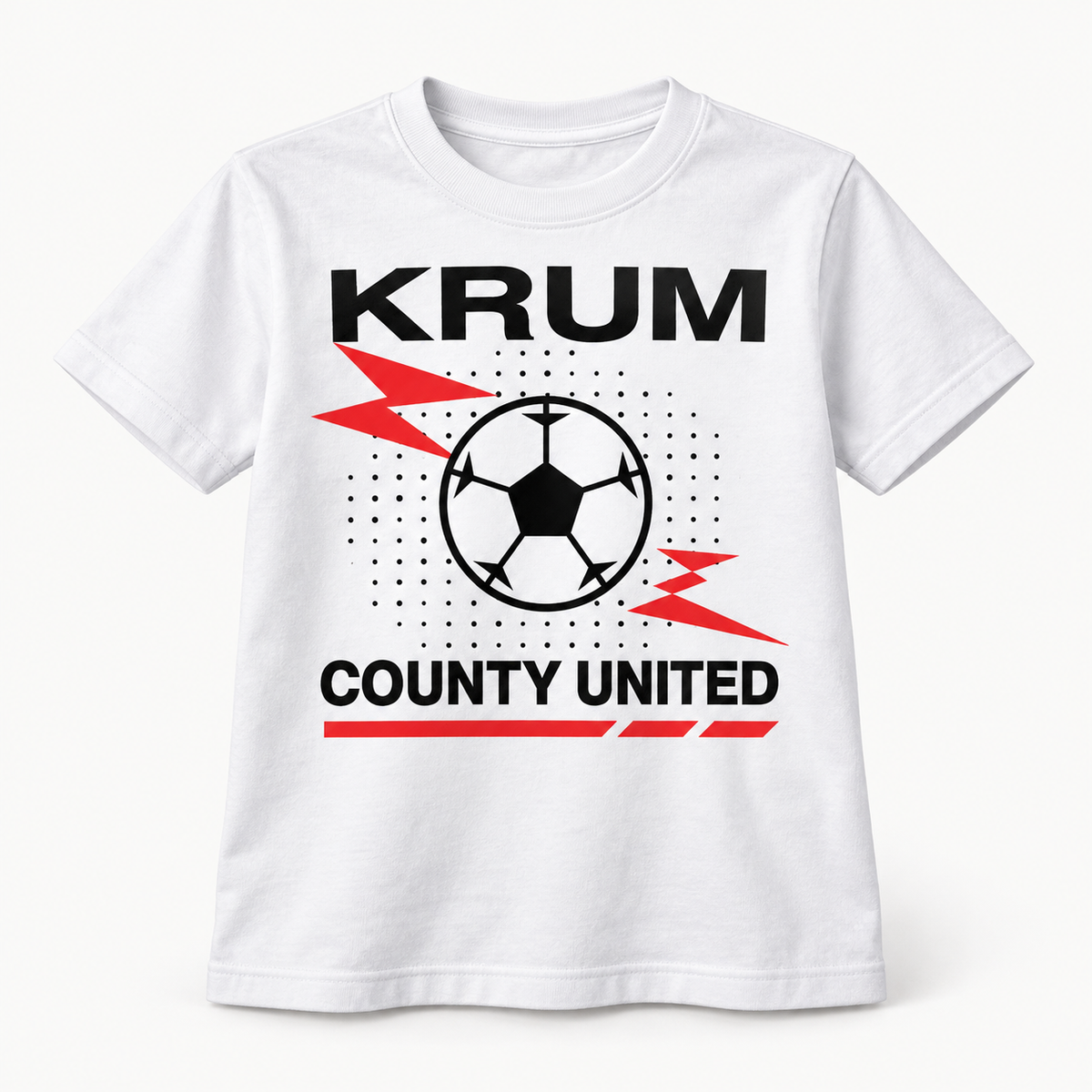 White youth Krum County United tee with a large soccer-ball burst and red speed graphics.
