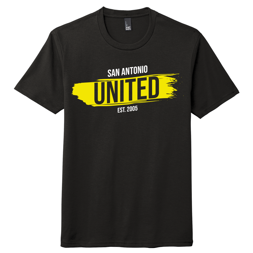Black t-shirt with yellow 'San Antonio United' text on a white background